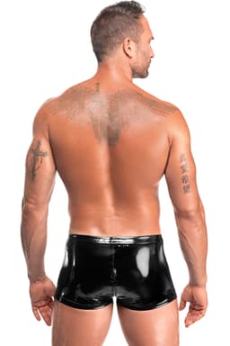 Noir Handmade Voltage Lack-Shorts, Detailansicht des Dreiwege-Reißverschlusses