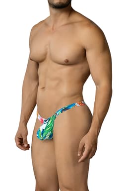 Cut4Men SPX Thong mit buntem Tropical-Print in Nahaufnahme, Bulge-Pouch im Detail
