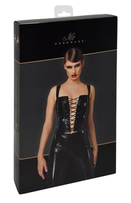 Noir Handmade Dominae Corset Top, Nahaufnahme des glänzenden Lack-Materials