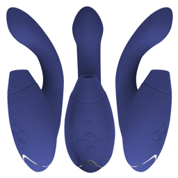 Womanizer Duo 2 in Blau von der Seite, flexibler Hals und bauchiger Kopf im Detail