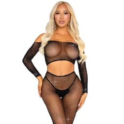 Leg Avenue Netz-Crop-Top und Leggings mit Strasssteinen in Schwarz, Gesamtansicht