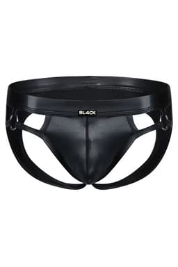 Cut4Men Wetlook-Jockstrap in Schwarz, Detailaufnahme der zwei seitlichen Metallringe