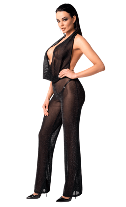 Noir Handmade Bodystocking in Schwarz, Detailaufnahme des Wasserfallausschnitts am Neckholder