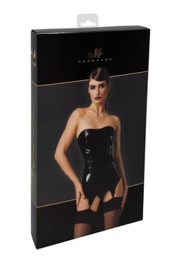 Noir Handmade Venom Corsagen-Kleid, Nahaufnahme des schwarzen Lack-Materials