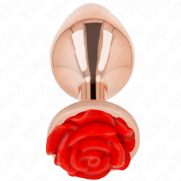 Kink Edelstahl-Analplug in Roségold mit roter Rose von der Seite fotografiert