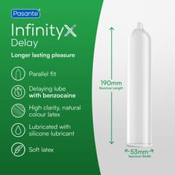 Pasante Infinity Delay Kondom in der Einzelfolie neben der geöffneten Schachtel