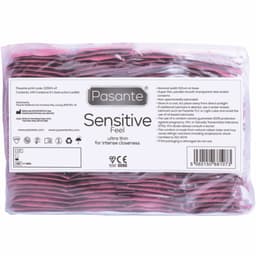 Verpackung der Pasante Sensitive Feel Kondome mit Angaben zu Wandstärke und Nennbreite