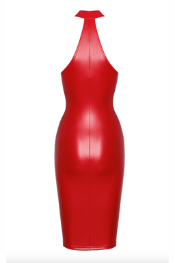 Noir Handmade Wetlook-Midikleid in Rot, Detailaufnahme des glänzenden Wetlook-Materials
