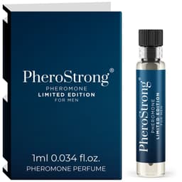 PheroStrong Limited Edition Pheromon-Parfum für Männer, 1-ml-Probe neben dem großen Flakon