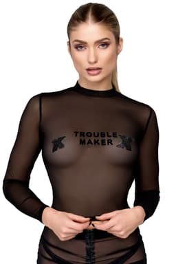 Noir Handmade Troublemaker Top in Schwarz, Gesamtansicht von vorne auf weißem Hintergrund