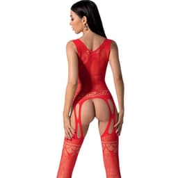 Passion BS099 Bodystocking mit Netzdessin und Spitze in Rot von hinten, Rückenpartie im Detail