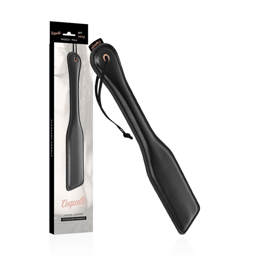 Coquette Chic Desire Fantasy Paddle aus schwarzem veganem Leder, Gesamtansicht