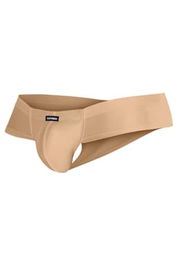Cut4Men Cheeky-Slip im Hybrid-Schnitt in Sandgold, Detailansicht des gummierten Logos