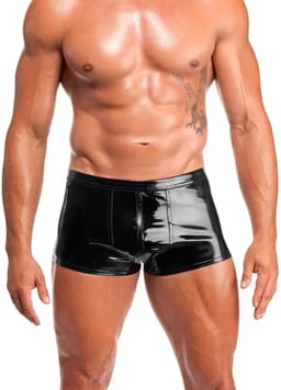 Noir Handmade Voltage Lack-Shorts, Nahaufnahme des elastischen Bunds