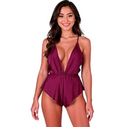 Passion Sensie Satin-Body in Pflaume, Gesamtansicht mit tiefem V-Ausschnitt