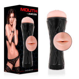 Jamyjob Mund-Masturbator von der Seite, mundförmige Öffnung mit Lippenrelief im Detail