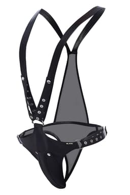 Cut4Men Dungeon Body-Harness in Schwarz, Detailaufnahme des abknöpfbaren Suspensoriums