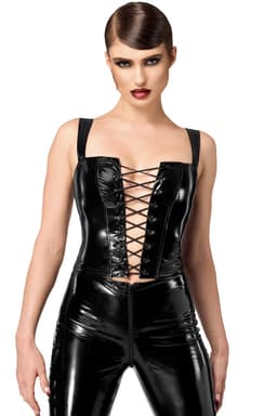 Noir Handmade Dominae Lack-Corset-Top in Schwarz, komplette Gesamtansicht von vorne