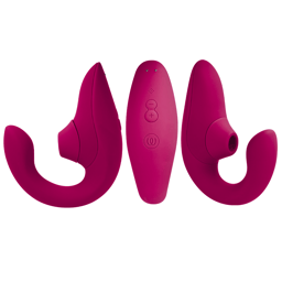 Womanizer Blend Rabbit-Vibrator mit Pleasure Air, in der Farbvariante Pink, Gesamtansicht von vorn