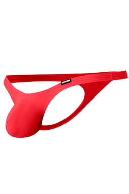 Cut4Men Low Rise Bulge String in Scarlet, Detailansicht des gummierten Logos am Bund