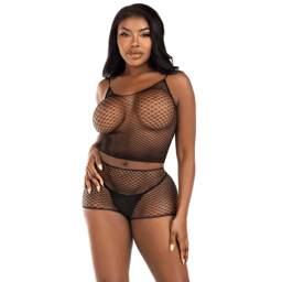 Leg Avenue Netz-Set aus Twist-Tanktop und Shorts in Schwarz in der Gesamtansicht flach ausgelegt auf hellem Untergrund