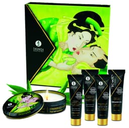Verpackung des Shunga Secret Geisha Bio-Grüntee-Sets in Studioqualität fotografiert