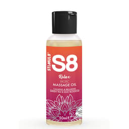 Stimul8 S8 Massageöl Box 3 x 50 ml, Rückseite der Verpackung im Detail