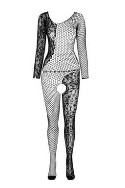 Passion BS 107 Bodystocking aus Netz und Spitze, Detail der Spitzenkante am Oberteil