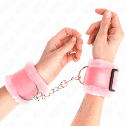 Kink Handgelenkfesseln in Rosa, Gesamtansicht des Paars, Handgelenkfesseln der Kink BDSM-Serie im Karton