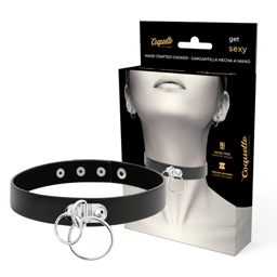 Coquette Chic Desire Doppelring-Choker aus schwarzem veganem Leder, Gesamtansicht