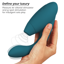 Womanizer Duo 2 in Petrolblau in der Hand, Größenverhältnis des Druckwellenvibrators