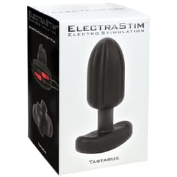 ElectraStim Tartarus Silikon-Analplug für Elektrostimulation in einer Hand gehalten zur Größeneinordnung