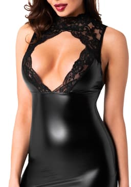 Noir Handmade Minikleid mit Neckholder in Schwarz am Model getragen, seitliche Ansicht im Ganzen