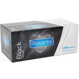 Pasante Black Velvet Kondome, Vorratsbox mit 144 schwarzen Latexkondomen in der Gesamtansicht