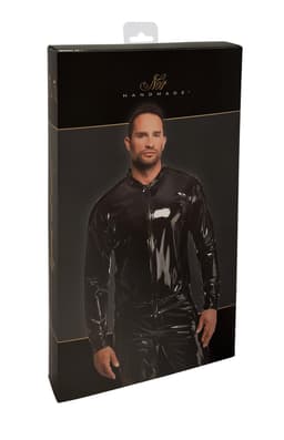 Noir Handmade Lack-Jacke, Nahaufnahme des spiegelglatten Lack-Materials