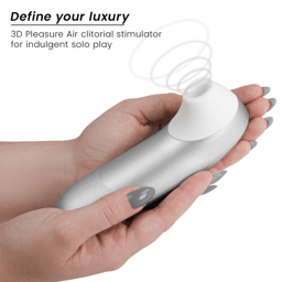 Womanizer Pro Vibrant Silbergrau im Größenvergleich mit der Hand