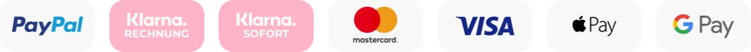 PayPal, Klarna, Mastercard, Visa, Apple Pay, Google Pay